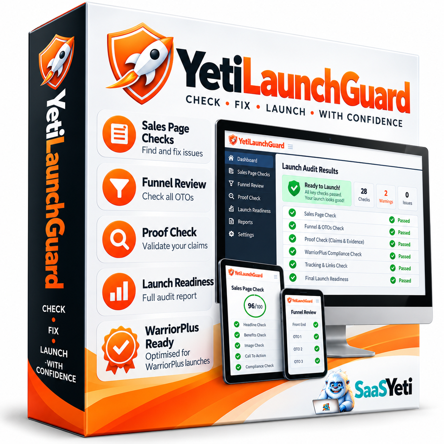 YetiLaunchGuard software box showing Sales Page Checks, Funnel Review, Proof Check, Launch Readiness and WarriorPlus Ready